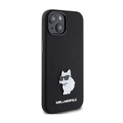 Karl Lagerfeld silikoninis "Choupette" metalinis segtukas – „iPhone 15 Plus“ dėklas (juodas)