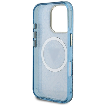 Guess IML Metal Glitter 4G Apskritimo Trikampio MagSafe – dėklas, skirtas iPhone 16 Pro (mėlynas)