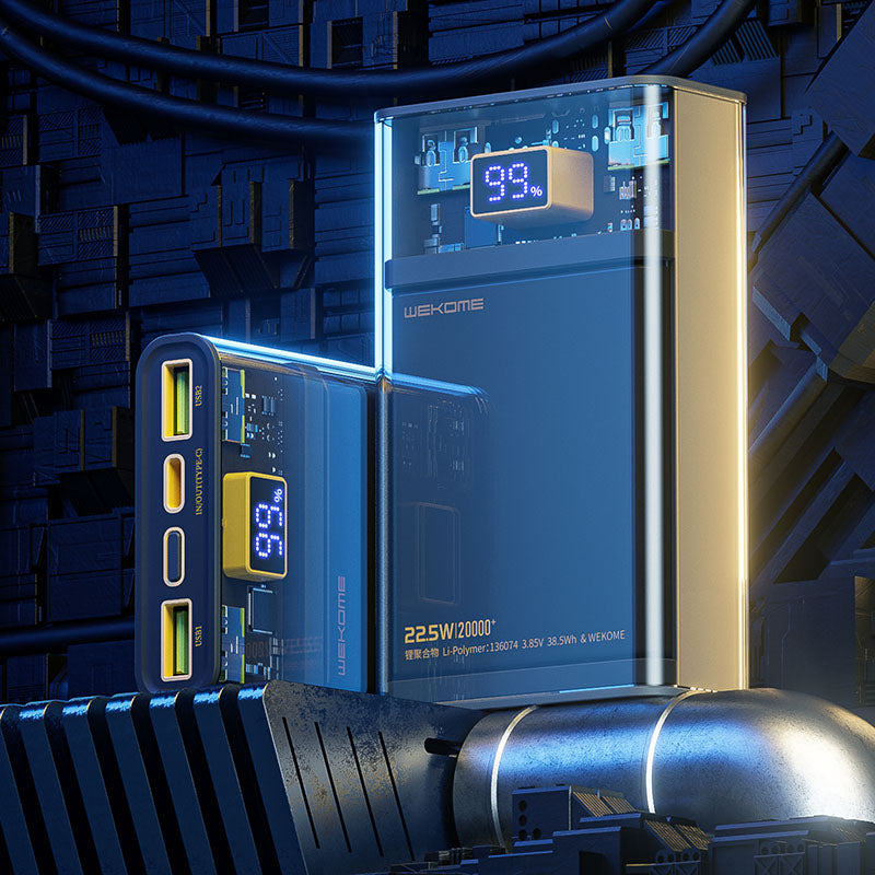 WEKOME WP-321 Vanguard serija – Power bank 20000 mAh Itin greitas įkrovimas PD 20W + QC 22.5W (Juoda / Permatoma)