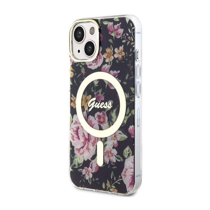 Guess Flower MagSafe – dėklas, skirtas iPhone 14 (juodas)