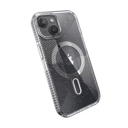 Speck Presidio Lux Grip ClickLock & Magsafe – Dėklas skirtas iPhone 16e / iPhone 15 / iPhone 14 / iPhone 13 (Permatomas / Platininis Blizgučiai / Chromo Apdaila / Raminantis Sidabrinis)