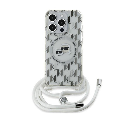 Karl Lagerfeld Skaidrus MagSafe dėklas iPhone 15 Pro Max su Karlo ir Choupette galvos atvaizdu (IML Crossbody Monogram)