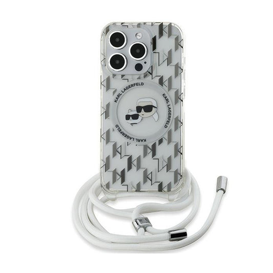 Karl Lagerfeld Skaidrus MagSafe dėklas iPhone 15 Pro Max su Karlo ir Choupette galvos atvaizdu (IML Crossbody Monogram)