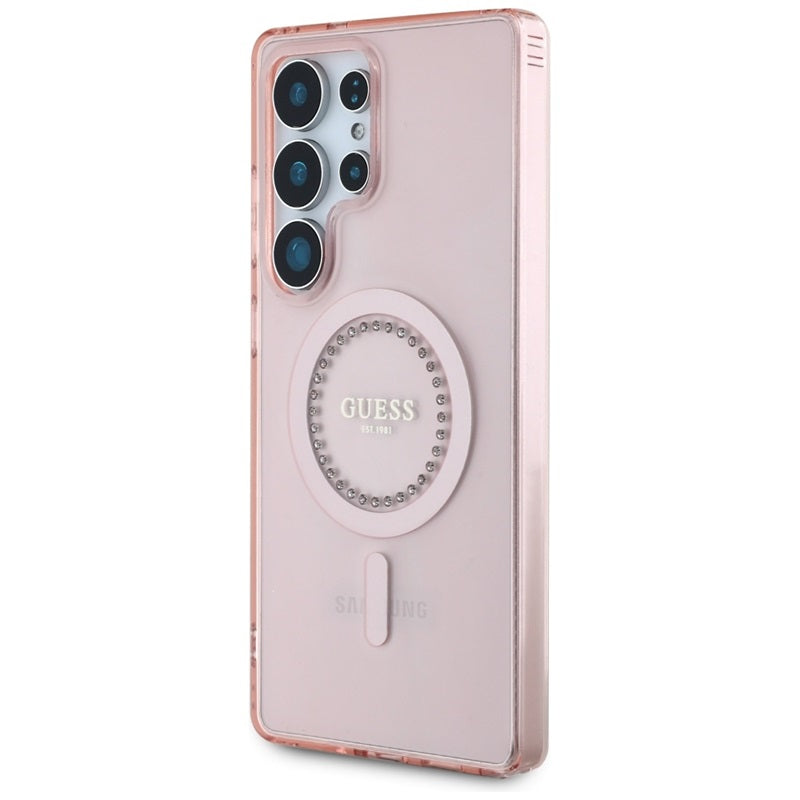 Guess Rhinestones Printed Classic Logo MagSafe – dėklas, skirtas Samsung Galaxy S25 Ultra (rožinis)