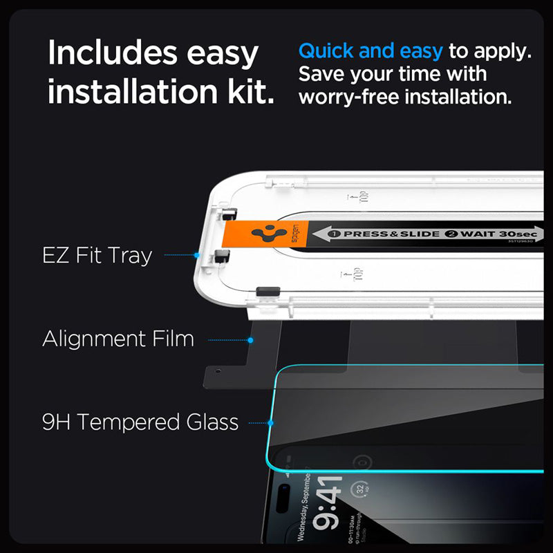 Spigen GLAS.TR EZ FIT Privacy – grūdintas stiklas su privatumo filtru, skirtas iPhone 15 Plus / 16 Plus