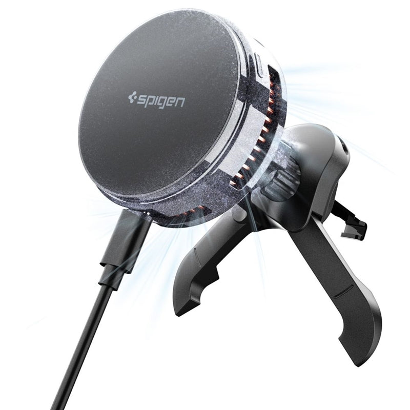 Spigen Essential EV25MFAQ – Magnetinis automobilinis laikiklis su 25W belaidžiu įkrovimu MagSafe Qi2.2 (juodas)