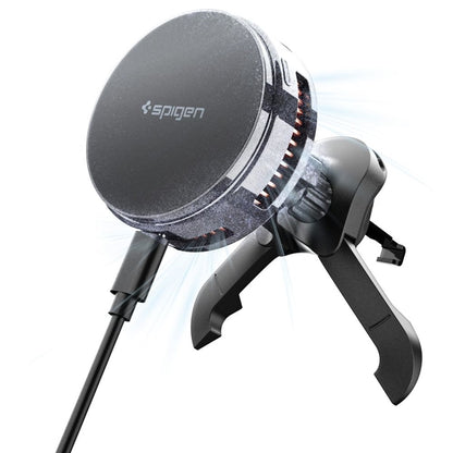 Spigen Essential EV25MFAQ – Magnetinis automobilinis laikiklis su 25W belaidžiu įkrovimu MagSafe Qi2.2 (juodas)