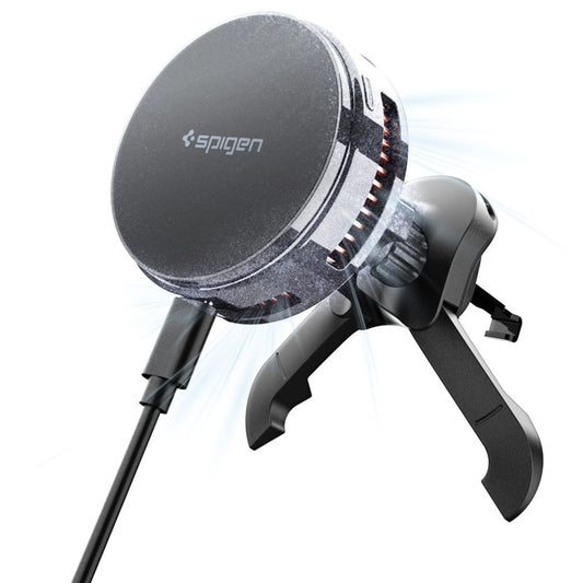 Spigen Essential EV25MFAQ – Magnetinis automobilinis laikiklis su 25W belaidžiu įkrovimu MagSafe Qi2.2 (juodas)