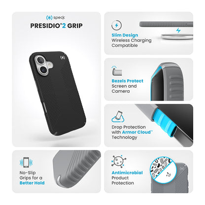 Speck Presidio2 Grip – dėklas iPhone 16 (juodos / skaidrios pilkos / baltos spalvos)