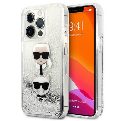 Karl Lagerfeld Liquid Glitter Karl & Choupette Head – dėklas iPhone 13 Pro (sidabras)
