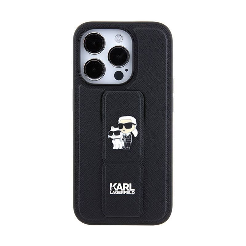 Karl Lagerfeld Gripstand Saffiano Karl & Choupette Pins - iPhone 13 Pro dėklas (juodas)