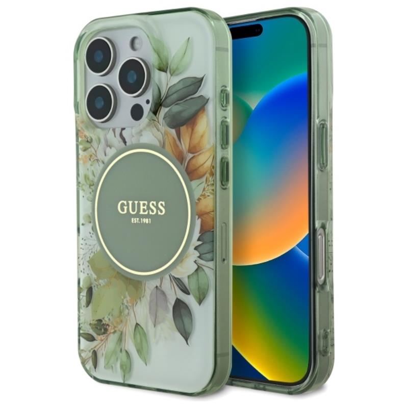 Guess IML gėlių ir toninis apskritimas MagSafe – dėklas skirtas iPhone 16 Pro (žalias)