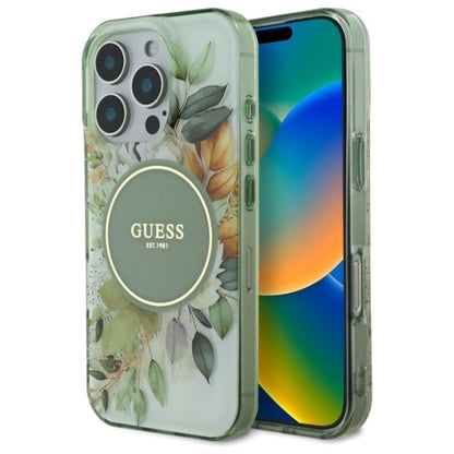 Guess IML gėlių ir toninis apskritimas MagSafe – dėklas skirtas iPhone 16 Pro (žalias)