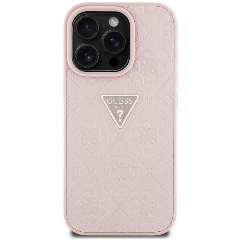 Guess Hot Stamp 4G Pattern Triangle Metal Logo - „iPhone 16 Pro“ dėklas (rožinis)