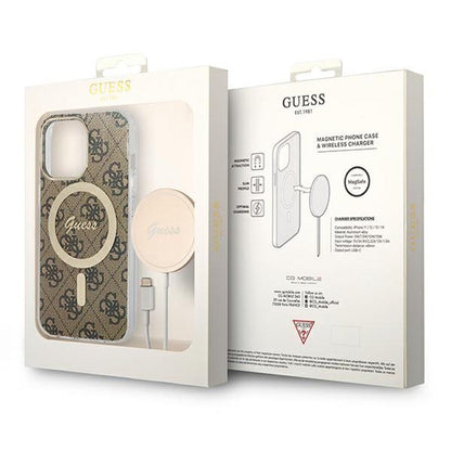 Guess Bundle Pack MagSafe 4G – dėklų komplektas, skirtas iPhone 13 Pro + MagSafe įkrovikliui (ruda/auksinė)