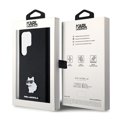 Karl Lagerfeld silikoninis „Choupette“ metalinis segtukas – dėklas „Samsung Galaxy S24 Ultra“ (juodas)
