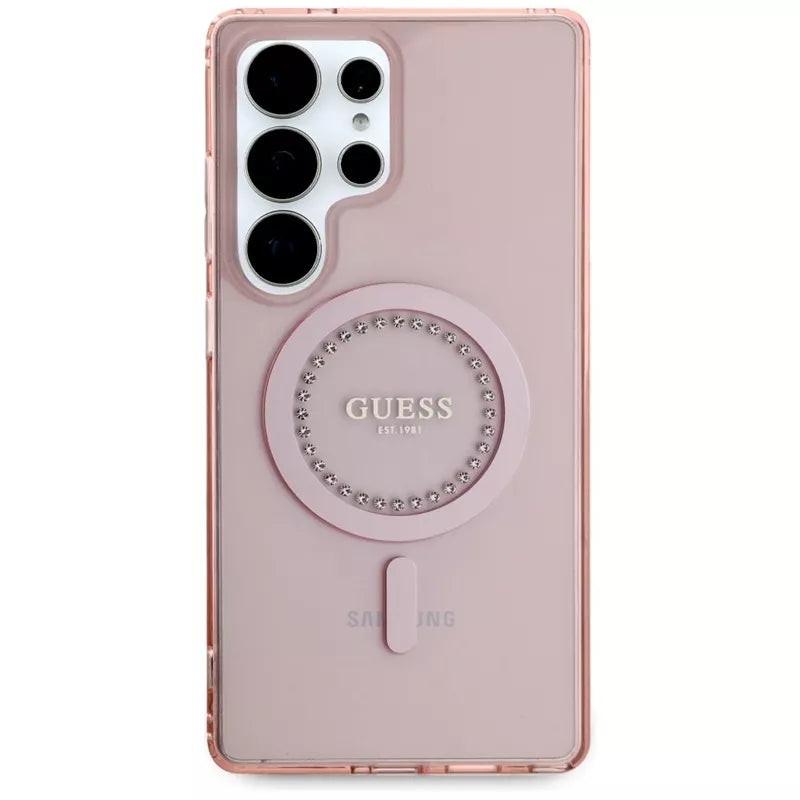 Guess Rhinestones Printed Classic Logo MagSafe – dėklas, skirtas Samsung Galaxy S25 Ultra (rožinis)