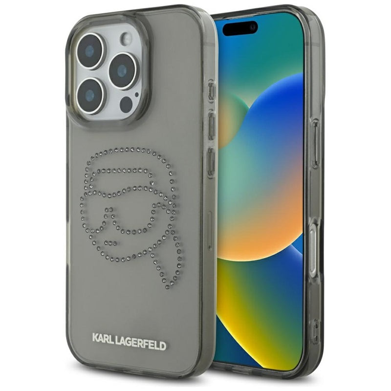 Karl Lagerfeld IML Rhinestones Karl Head – dėklas iPhone 16 Pro (juodas)