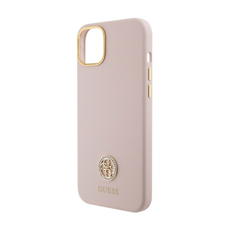 Guess Silicone Logo Strass 4G - iPhone 15 dėklas (rožinis)