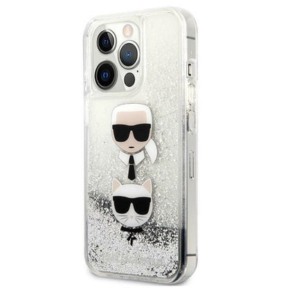 Karl Lagerfeld Liquid Glitter Karl & Choupette Head – dėklas iPhone 13 Pro (sidabras)