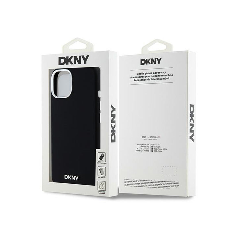 DKNY Liquid Silicone Small Metal Logo MagSafe – dėklas, skirtas iPhone 15 / 14 / 13 (juodas)