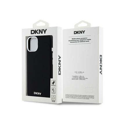 DKNY Liquid Silicone Small Metal Logo MagSafe – dėklas, skirtas iPhone 15 / 14 / 13 (juodas)