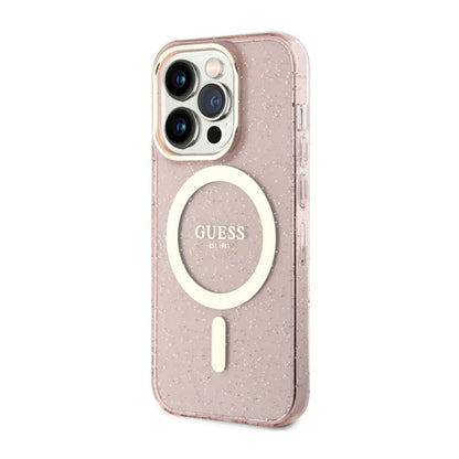 Guess Glitter Gold MagSafe – dėklas, skirtas „iPhone 14 Pro“ (rožinis)