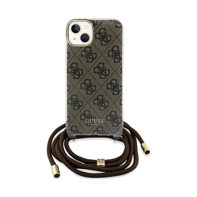 Guess Crossbody Cord 4G Print – iPhone 15 dėklas (rudas)