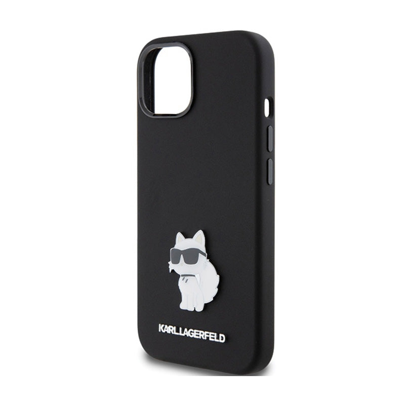 Karl Lagerfeld silikoninis "Choupette" metalinis segtukas – „iPhone 15 Plus“ dėklas (juodas)