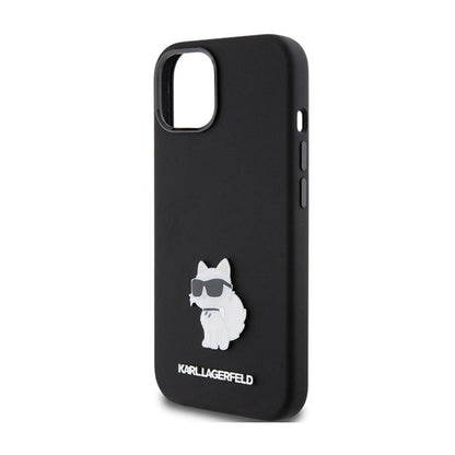 Karl Lagerfeld silikoninis "Choupette" metalinis segtukas – „iPhone 15 Plus“ dėklas (juodas)