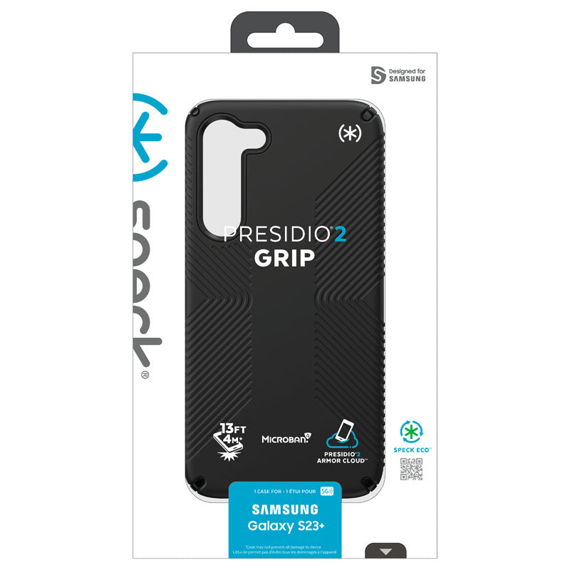 Speck Presidio2 Grip – Neslystantis dėklas Samsung Galaxy S23+ (juodas/juodas/baltas)