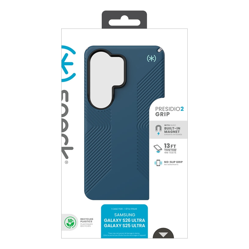 Speck Presidio2 Grip Magnet – „Samsung Galaxy S26 Ultra“ dėklas su MagSafe (tamsiai mėlynos/sidabrinės metalinės/sudrumstos mėlynos spalvos)