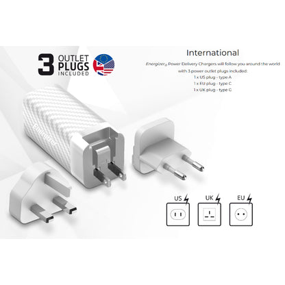 Energizer Ultimate – Multiplug EU / UK / US GaN USB-C & USB-A 65W PD tinklo įkroviklis + USB-C laidas (juodas)