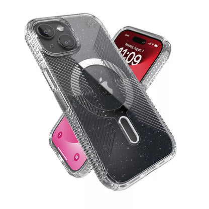 Speck Presidio Lux Grip ClickLock & Magsafe – Dėklas skirtas iPhone 16e / iPhone 15 / iPhone 14 / iPhone 13 (Permatomas / Platininis Blizgučiai / Chromo Apdaila / Raminantis Sidabrinis)