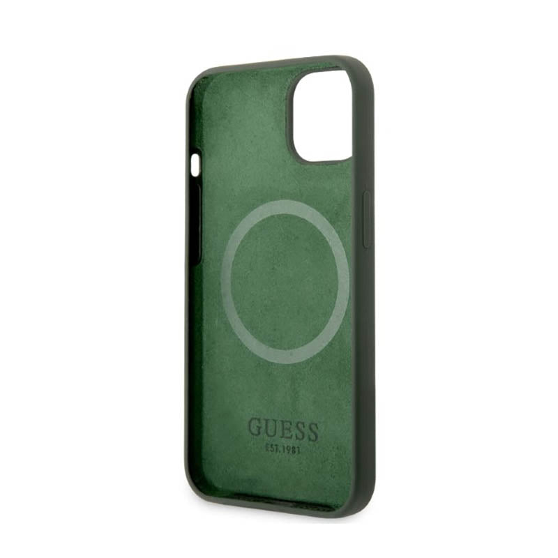 Guess Silicone Logo Plate MagSafe – dėklas, skirtas „iPhone 13“ (žalias)