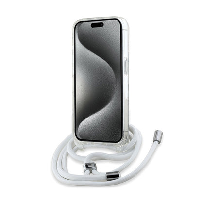 Karl Lagerfeld Skaidrus MagSafe dėklas iPhone 15 Pro Max su Karlo ir Choupette galvos atvaizdu (IML Crossbody Monogram)