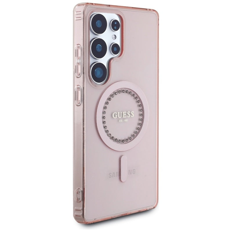 Guess Rhinestones Printed Classic Logo MagSafe – dėklas, skirtas Samsung Galaxy S25 Ultra (rožinis)