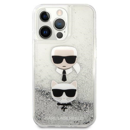 Karl Lagerfeld Liquid Glitter Karl & Choupette Head – dėklas iPhone 13 Pro (sidabras)
