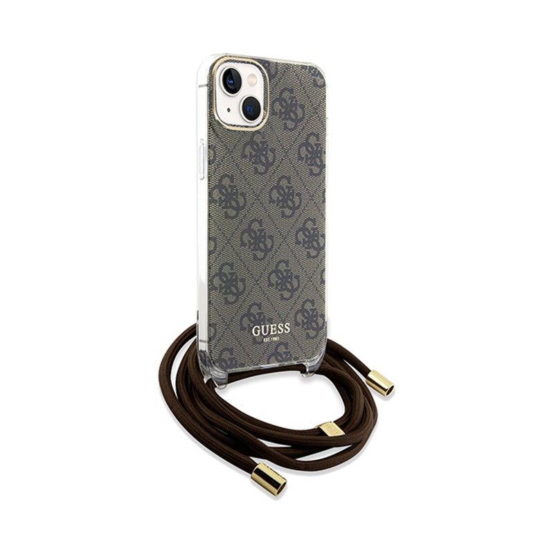 Guess Crossbody Cord 4G Print – iPhone 15 dėklas (rudas)