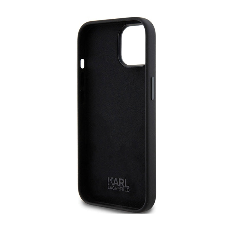 Karl Lagerfeld silikoninis "Choupette" metalinis segtukas – „iPhone 15 Plus“ dėklas (juodas)