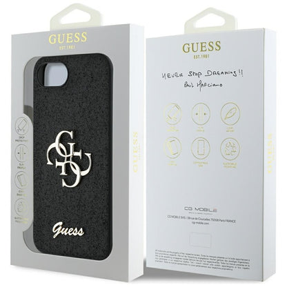 Guess Fixed Glitter Big 4G – dėklas iPhone 16e (juodas)