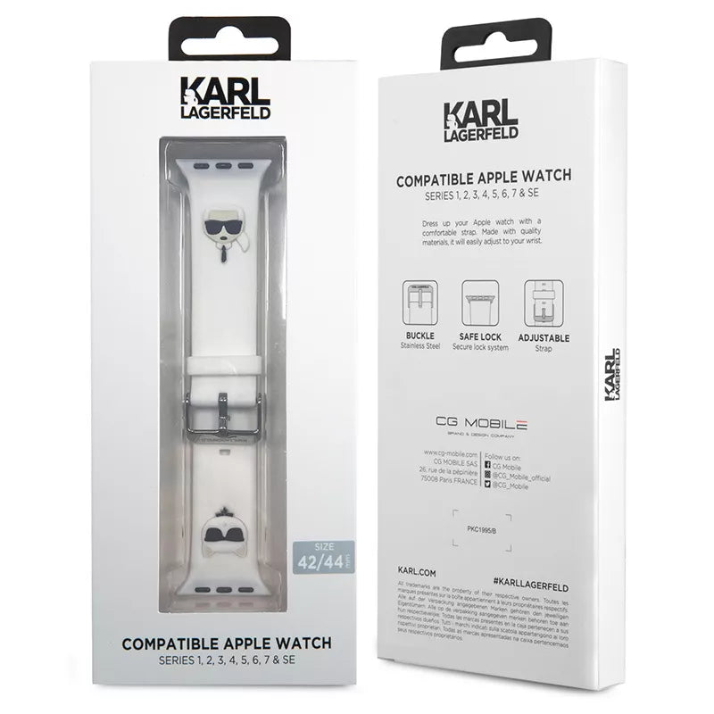 Karl Lagerfeld Silicone Karl & Choupette Heads - laikrodžio apyrankė, skirta Apple Watch 42/44/45 mm (balta)