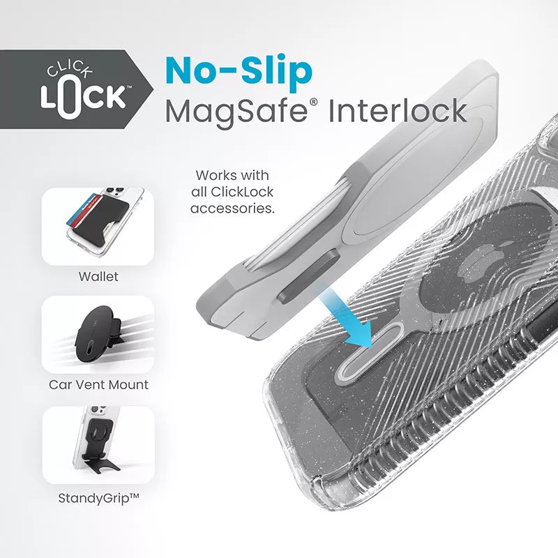 Speck Presidio Lux Grip ClickLock & Magsafe – Dėklas skirtas iPhone 16e / iPhone 15 / iPhone 14 / iPhone 13 (Permatomas / Platininis Blizgučiai / Chromo Apdaila / Raminantis Sidabrinis)