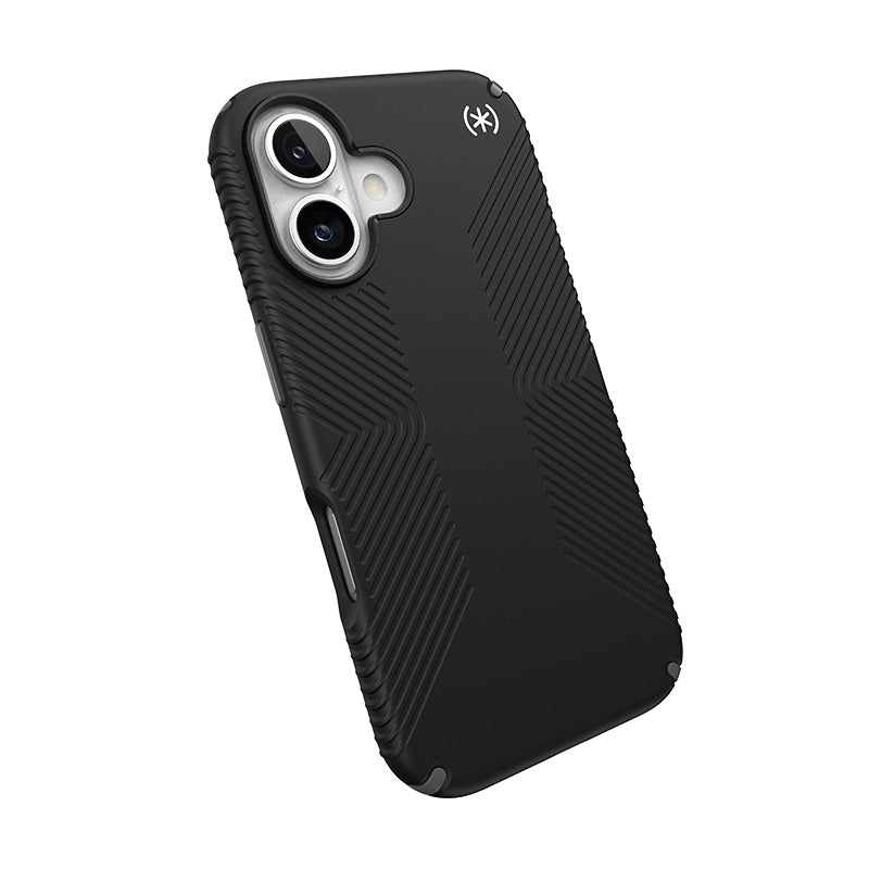 Speck Presidio2 Grip – dėklas iPhone 16 (juodos / skaidrios pilkos / baltos spalvos)