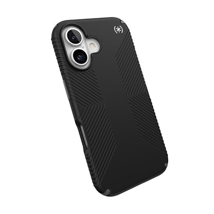 Speck Presidio2 Grip – dėklas iPhone 16 (juodos / skaidrios pilkos / baltos spalvos)