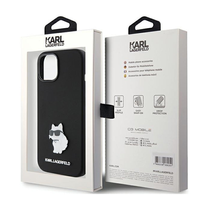 Karl Lagerfeld silikoninis "Choupette" metalinis segtukas – „iPhone 15 Plus“ dėklas (juodas)
