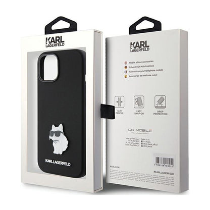 Karl Lagerfeld silikoninis "Choupette" metalinis segtukas – „iPhone 15 Plus“ dėklas (juodas)