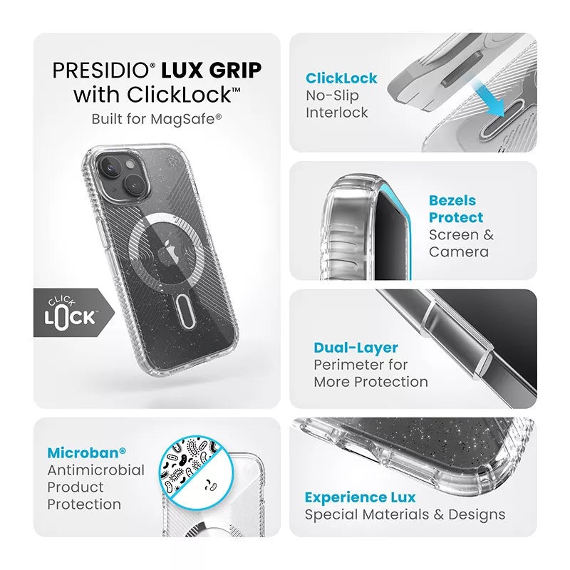 Speck Presidio Lux Grip ClickLock & Magsafe – Dėklas skirtas iPhone 16e / iPhone 15 / iPhone 14 / iPhone 13 (Permatomas / Platininis Blizgučiai / Chromo Apdaila / Raminantis Sidabrinis)