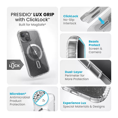 Speck Presidio Lux Grip ClickLock & Magsafe – Dėklas skirtas iPhone 16e / iPhone 15 / iPhone 14 / iPhone 13 (Permatomas / Platininis Blizgučiai / Chromo Apdaila / Raminantis Sidabrinis)
