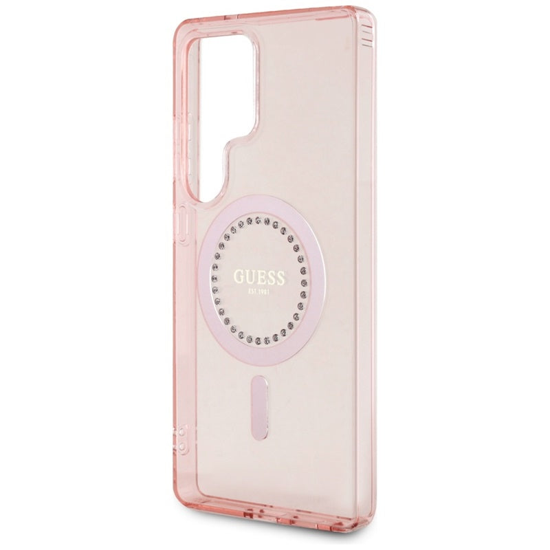 Guess Rhinestones Printed Classic Logo MagSafe – dėklas, skirtas Samsung Galaxy S25 Ultra (rožinis)